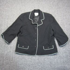 Vtg Madison Gray Wool Blazer Women 16‎ Black White Piping Trim Button Lined USA